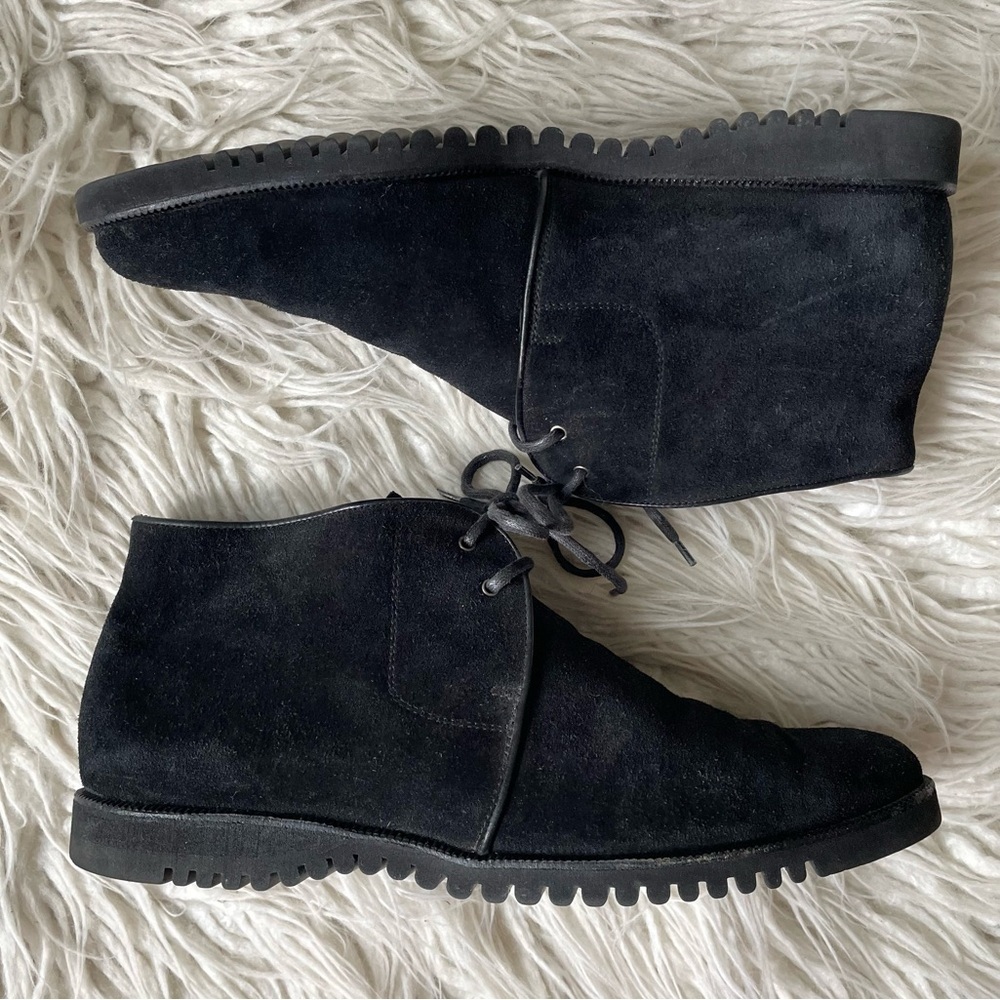 Salvatore Ferragamo Black Suede Fur Lined Lace Up Almond Toe Chukka Boots Sz 9.5